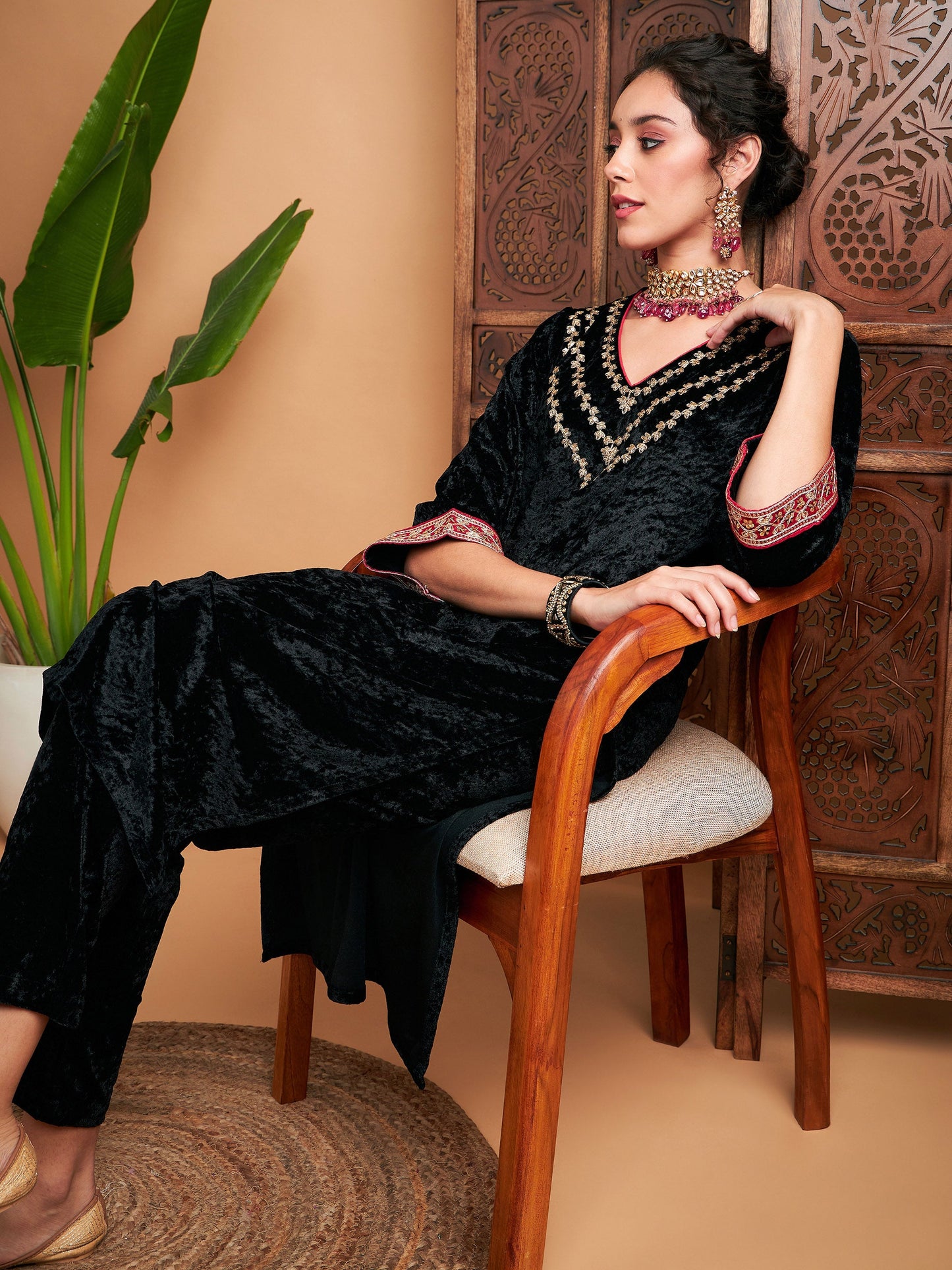 Black Velvet Embroidered Yoke Straight Kurta-Shae by SASSAFRAS