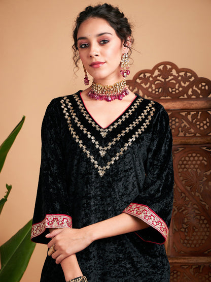 Black Velvet Embroidered Yoke Straight Kurta-Shae by SASSAFRAS