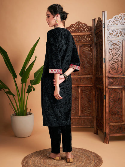 Black Velvet Embroidered Yoke Straight Kurta-Shae by SASSAFRAS
