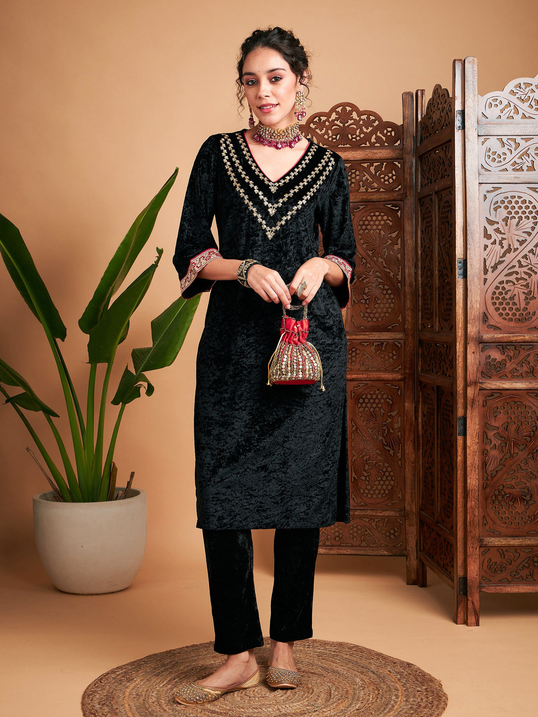 Black Velvet Embroidered Yoke Straight Kurta-Shae by SASSAFRAS