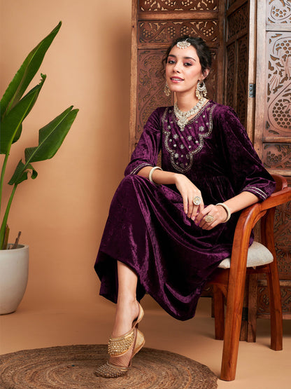 Purple Velvet Embroidered Gathered Kurta