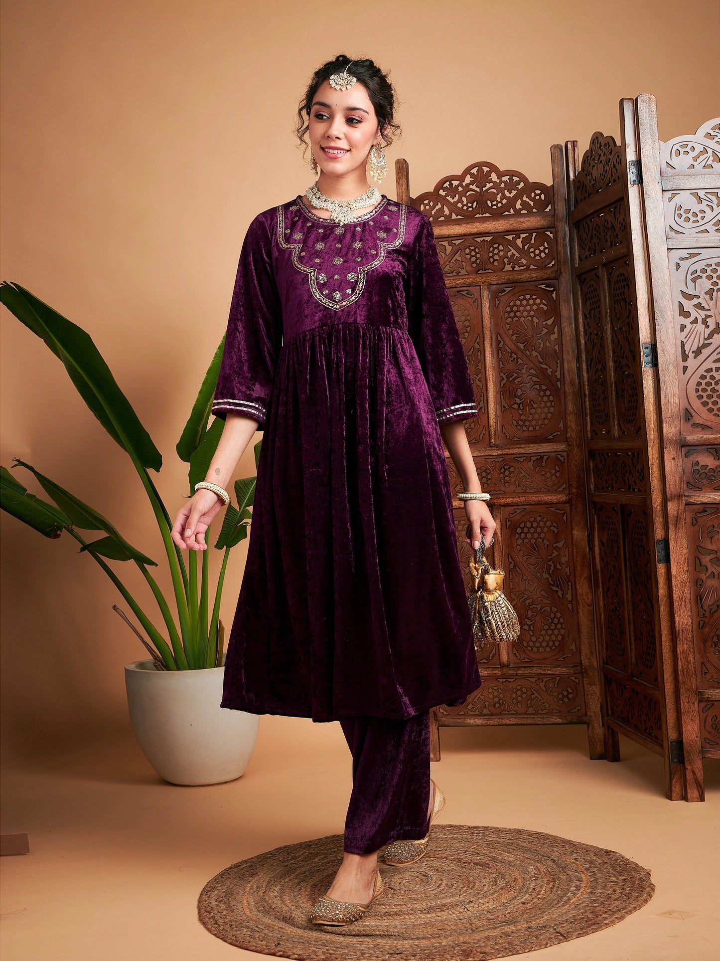 Purple Velvet Embroidered Gathered Kurta