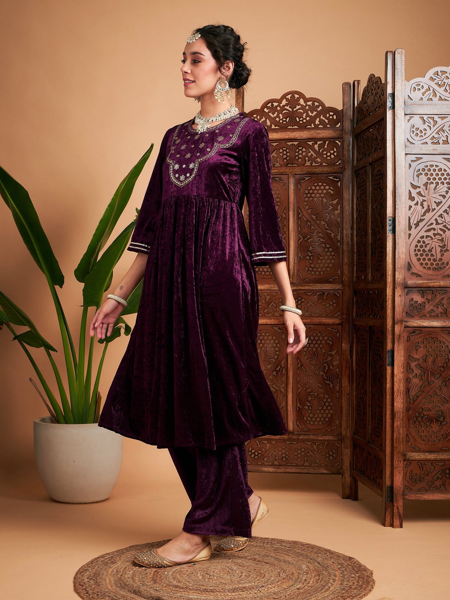 Purple Velvet Embroidered Gathered Kurta