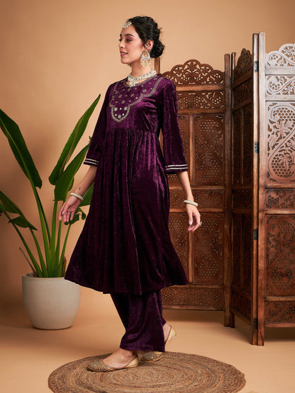 Purple Velvet Embroidered Gathered Kurta