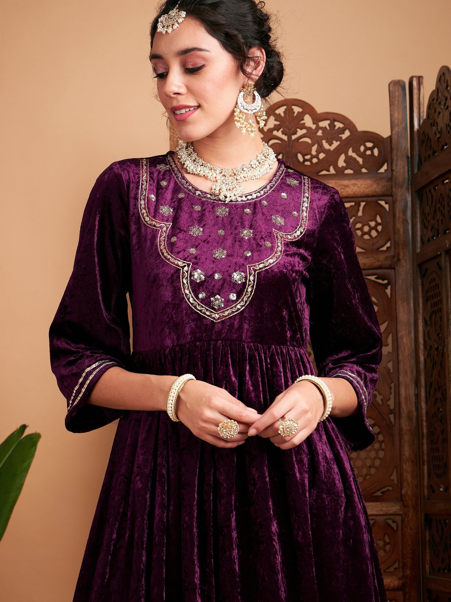 Purple Velvet Embroidered Gathered Kurta
