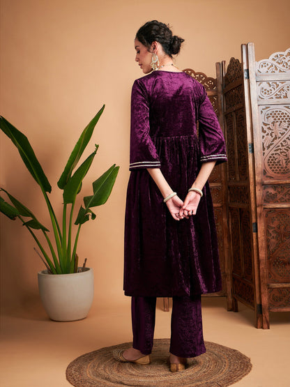 Purple Velvet Embroidered Gathered Kurta