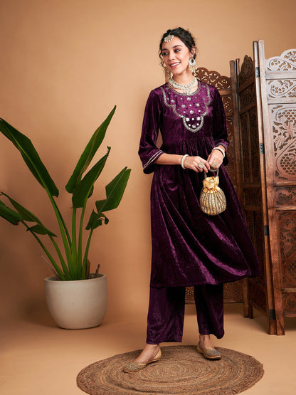 Purple Velvet Embroidered Gathered Kurta