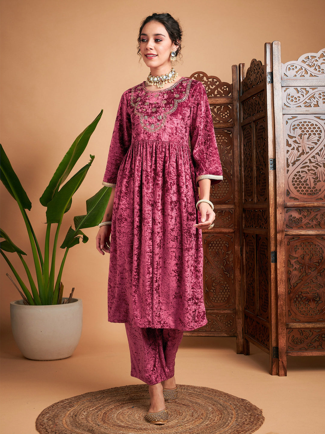 Women's Women Pink Velvet Embroidered Gathered Kurta in Velvet by Shae for wholesale, bulk, supplier, manufacturer and wholesaler buyers from Trendphoria