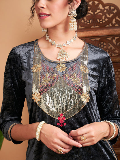 Grey Velvet Sequin Embroidered Straight Kurta
