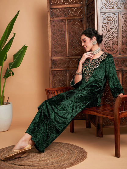 Emerald Velvet Embroidered Straight Kurta-Shae by SASSAFRAS