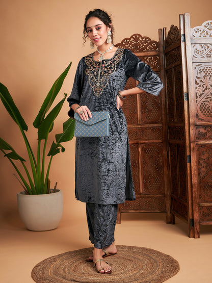 Grey Velvet Embroidered Straight Kurta