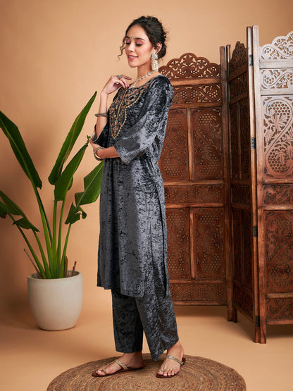 Grey Velvet Embroidered Straight Kurta