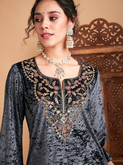 Grey Velvet Embroidered Straight Kurta