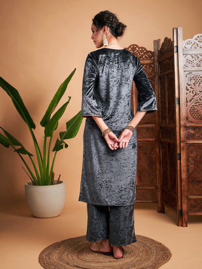 Grey Velvet Embroidered Straight Kurta