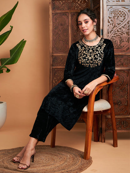 Black Velvet Sequin Embroidered Straight Kurta-Shae by SASSAFRAS