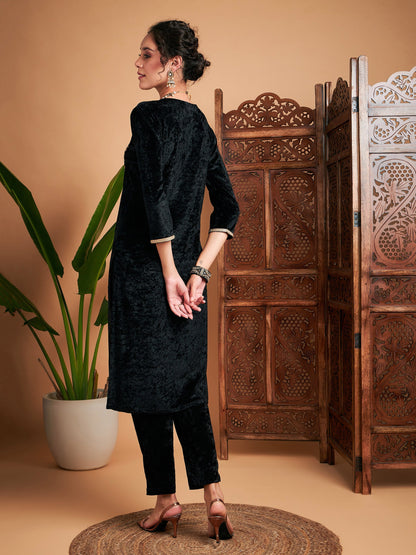 Black Velvet Sequin Embroidered Straight Kurta-Shae by SASSAFRAS
