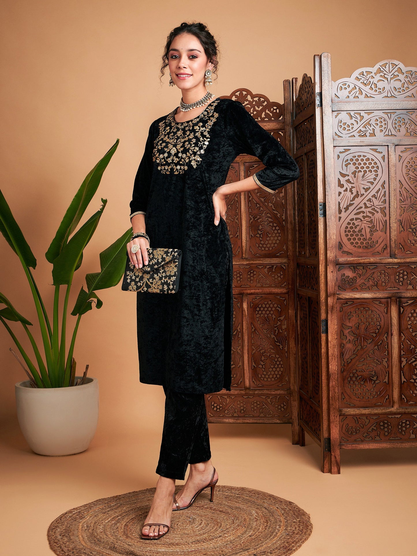 Black Velvet Sequin Embroidered Straight Kurta-Shae by SASSAFRAS