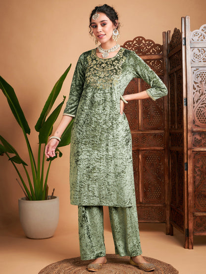 Olive Velvet Sequin Embroidered Straight Kurta