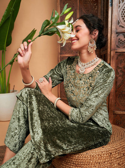 Olive Velvet Sequin Embroidered Straight Kurta