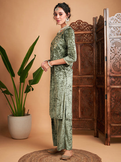 Olive Velvet Sequin Embroidered Straight Kurta
