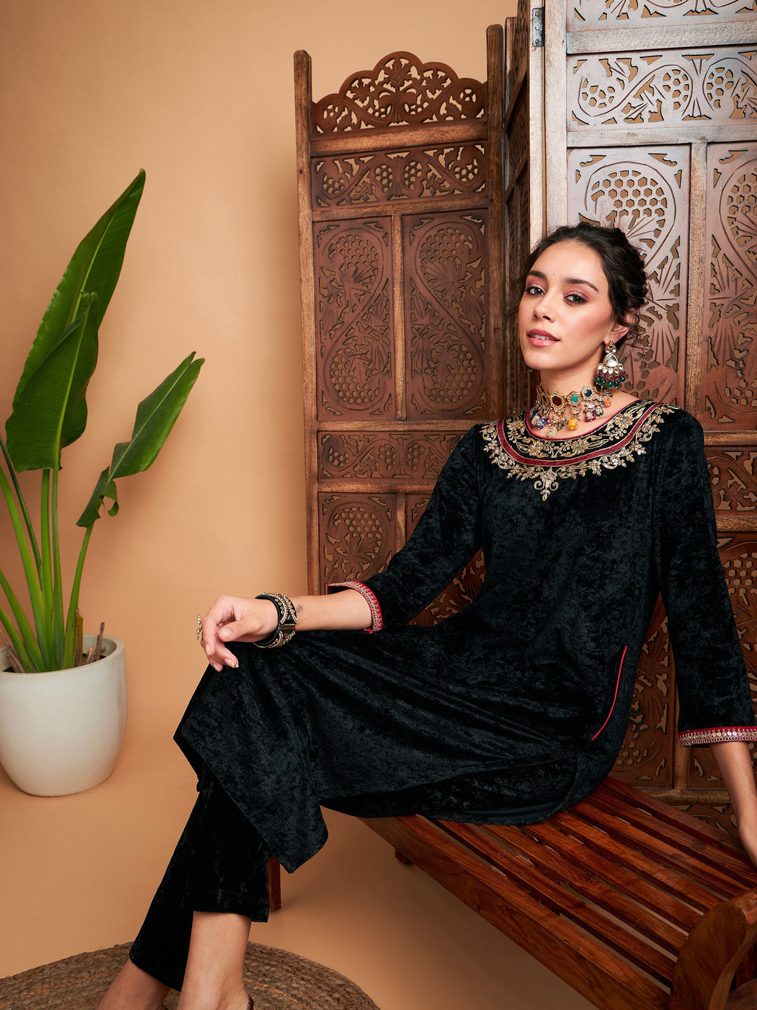 Women's Women Black Velvet Side Pocket Embroidered Straight Kurta in Velvet by Shae for wholesale, bulk, supplier, manufacturer and wholesaler buyers from Trendphoria