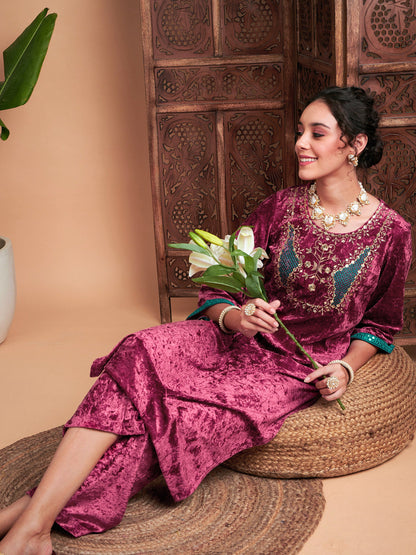 Pink Velvet Yoke Embroidered Straight Kurta