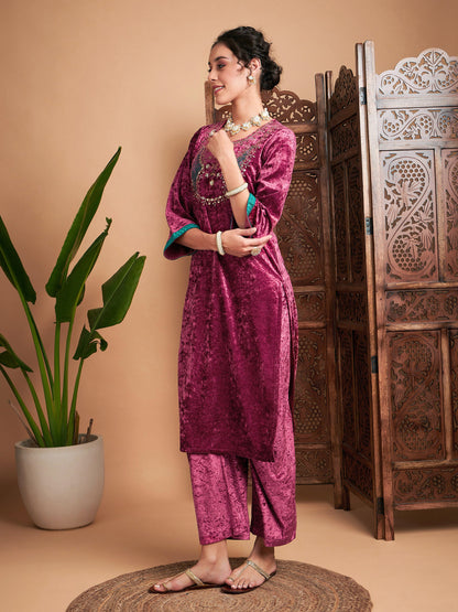 Pink Velvet Yoke Embroidered Straight Kurta