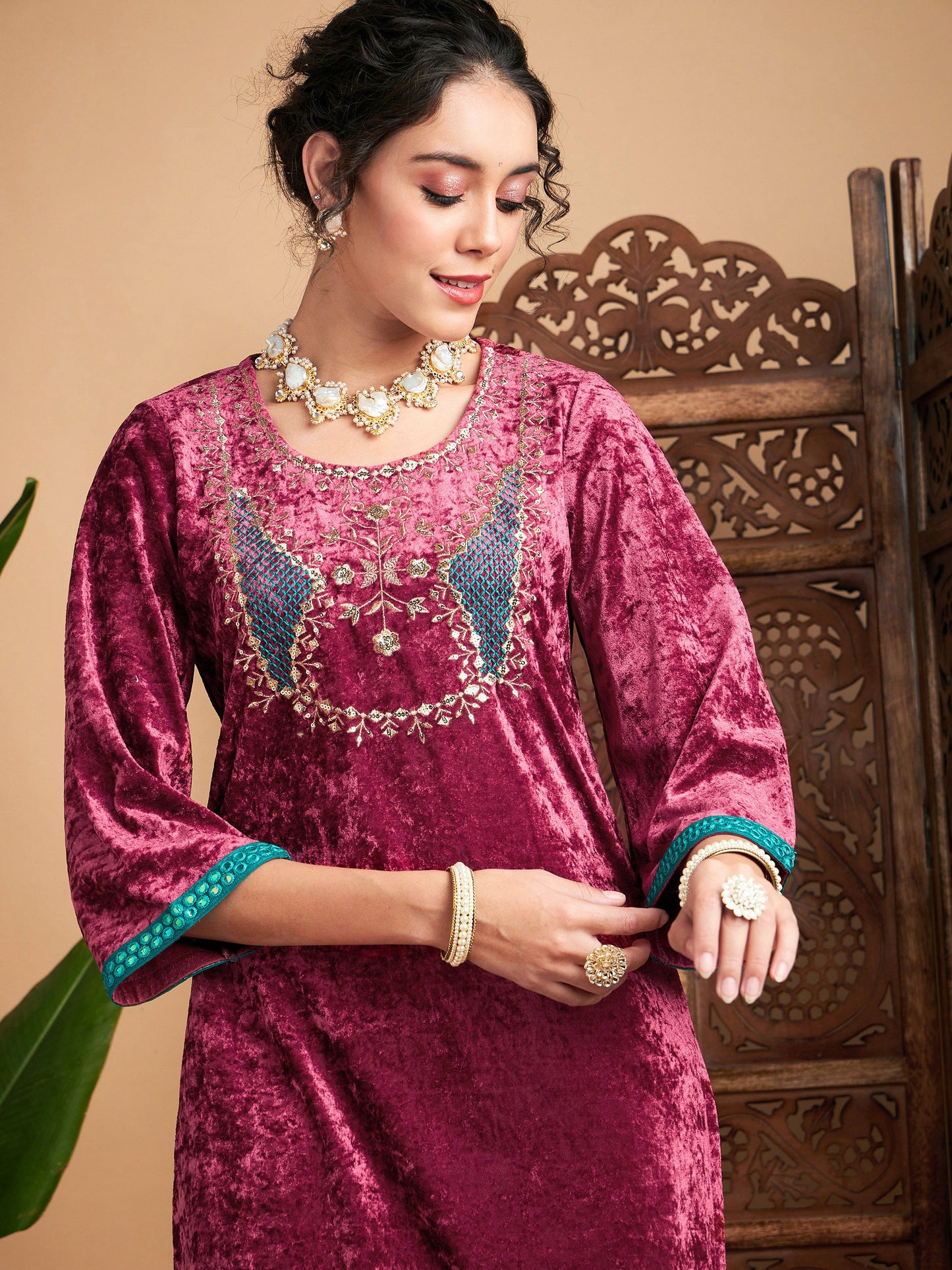Pink Velvet Yoke Embroidered Straight Kurta