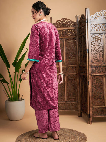 Pink Velvet Yoke Embroidered Straight Kurta