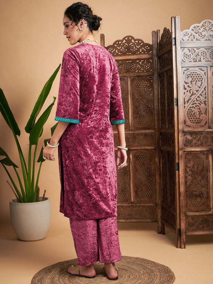Pink Velvet Yoke Embroidered Straight Kurta
