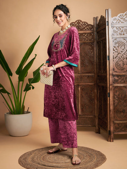 Pink Velvet Yoke Embroidered Straight Kurta