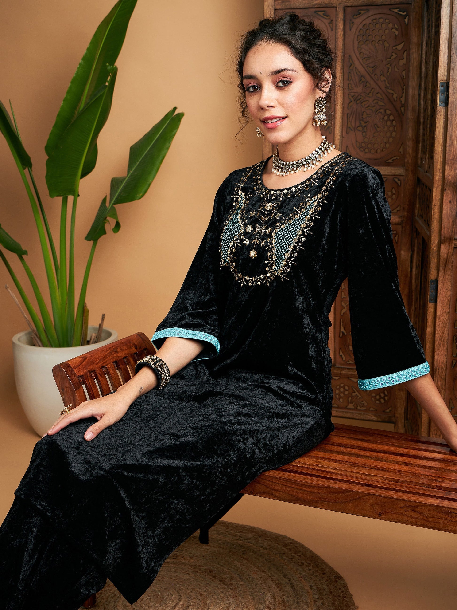 Black Velvet Yoke Embroidered Straight Kurta-Shae by SASSAFRAS