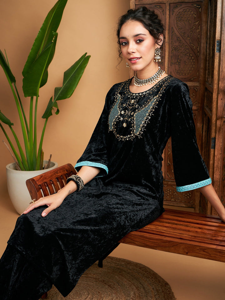 Black Velvet Yoke Embroidered Straight Kurta-Shae by SASSAFRAS