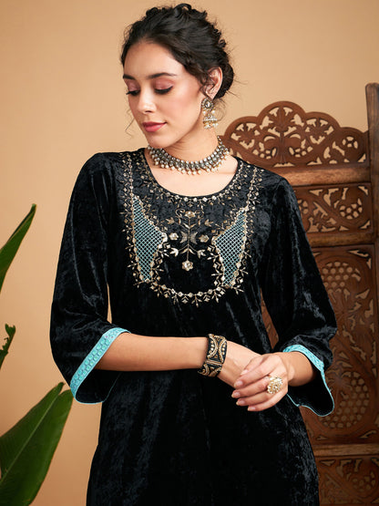 Black Velvet Yoke Embroidered Straight Kurta-Shae by SASSAFRAS
