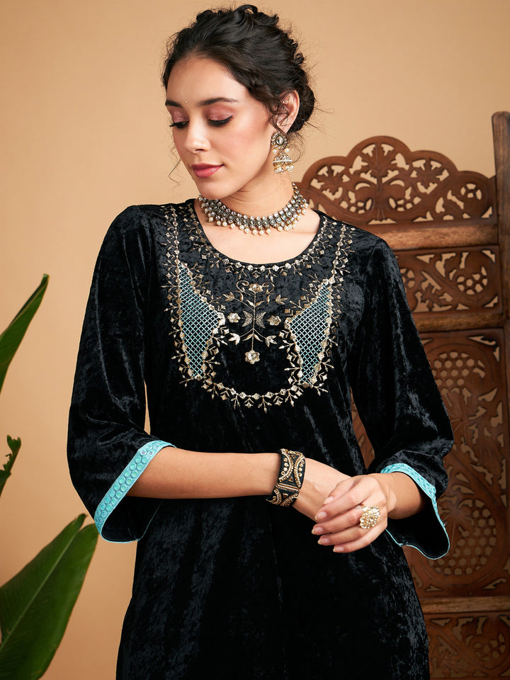 Black Velvet Yoke Embroidered Straight Kurta-Shae by SASSAFRAS