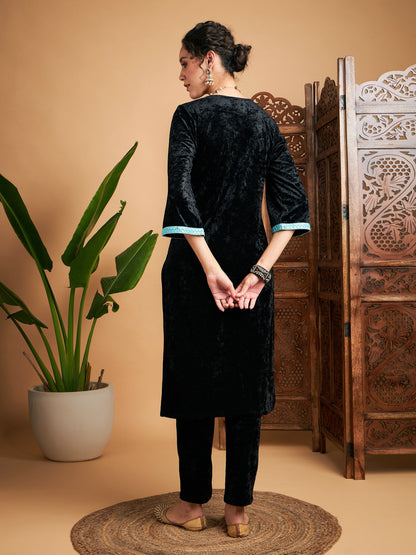Black Velvet Yoke Embroidered Straight Kurta-Shae by SASSAFRAS