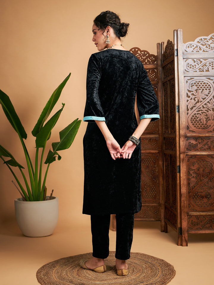 Black Velvet Yoke Embroidered Straight Kurta-Shae by SASSAFRAS