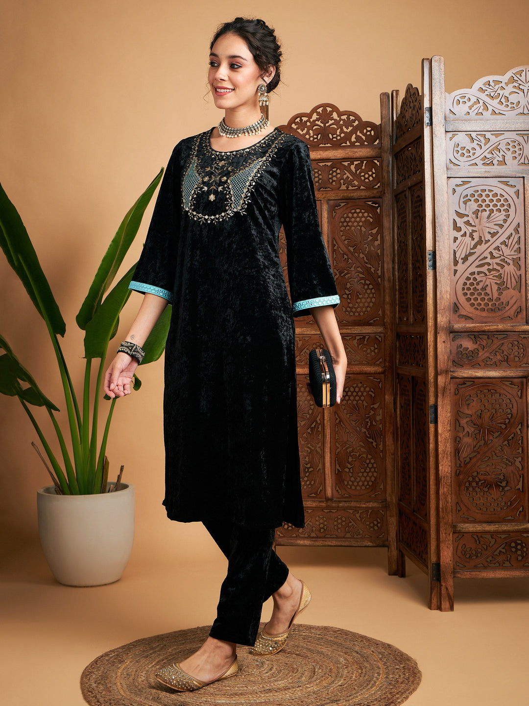 Black Velvet Yoke Embroidered Straight Kurta-Shae by SASSAFRAS