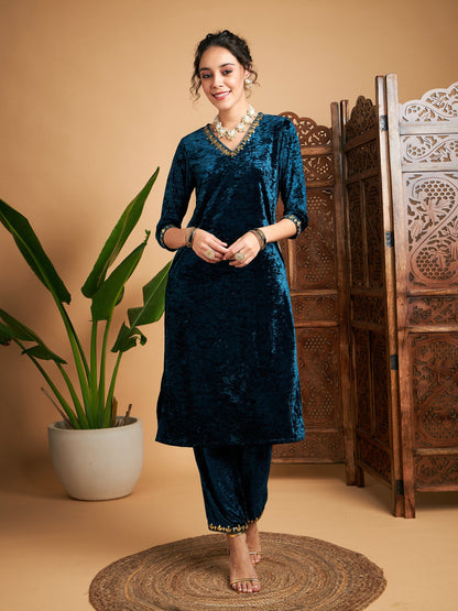 Teal Velvet Gota Patti Embroidered Straight Kurta