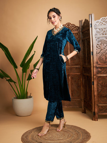 Teal Velvet Gota Patti Embroidered Straight Kurta