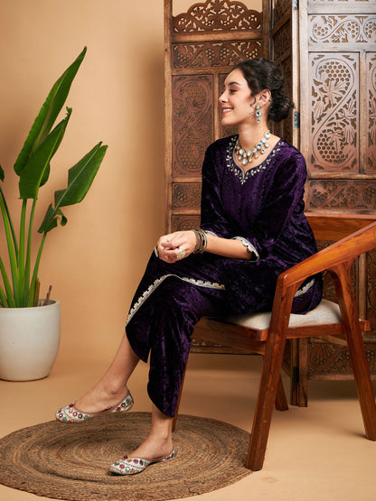 Purple Velvet Gota Patti Embroidered Short Kurta