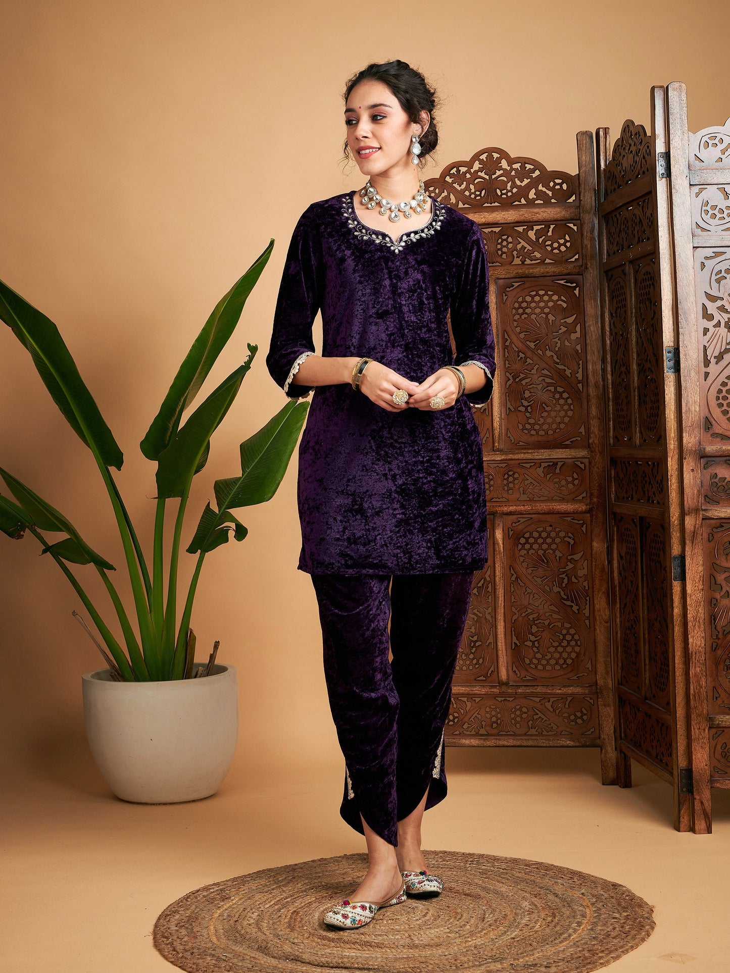 Purple Velvet Gota Patti Embroidered Short Kurta