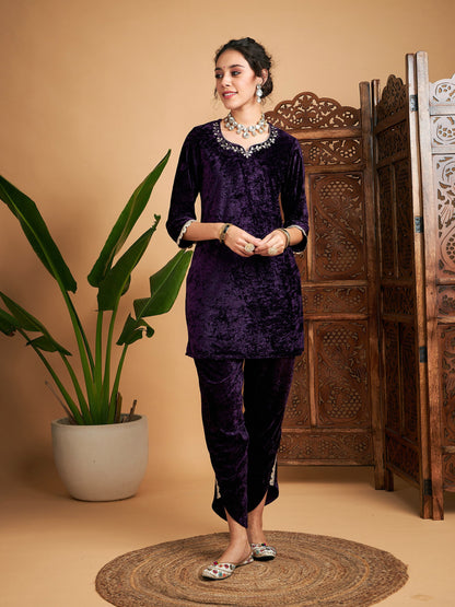 Purple Velvet Gota Patti Embroidered Short Kurta