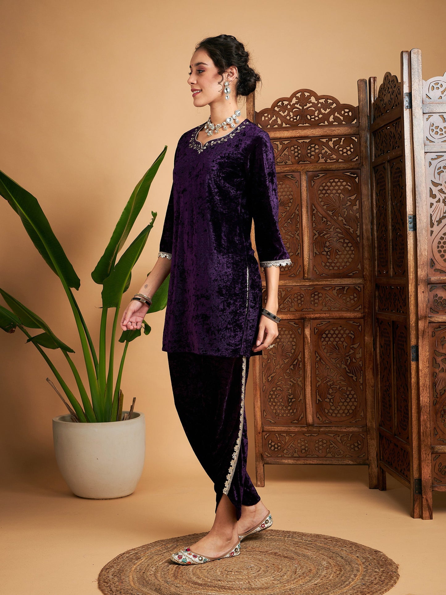 Purple Velvet Gota Patti Embroidered Short Kurta