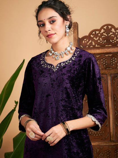 Purple Velvet Gota Patti Embroidered Short Kurta