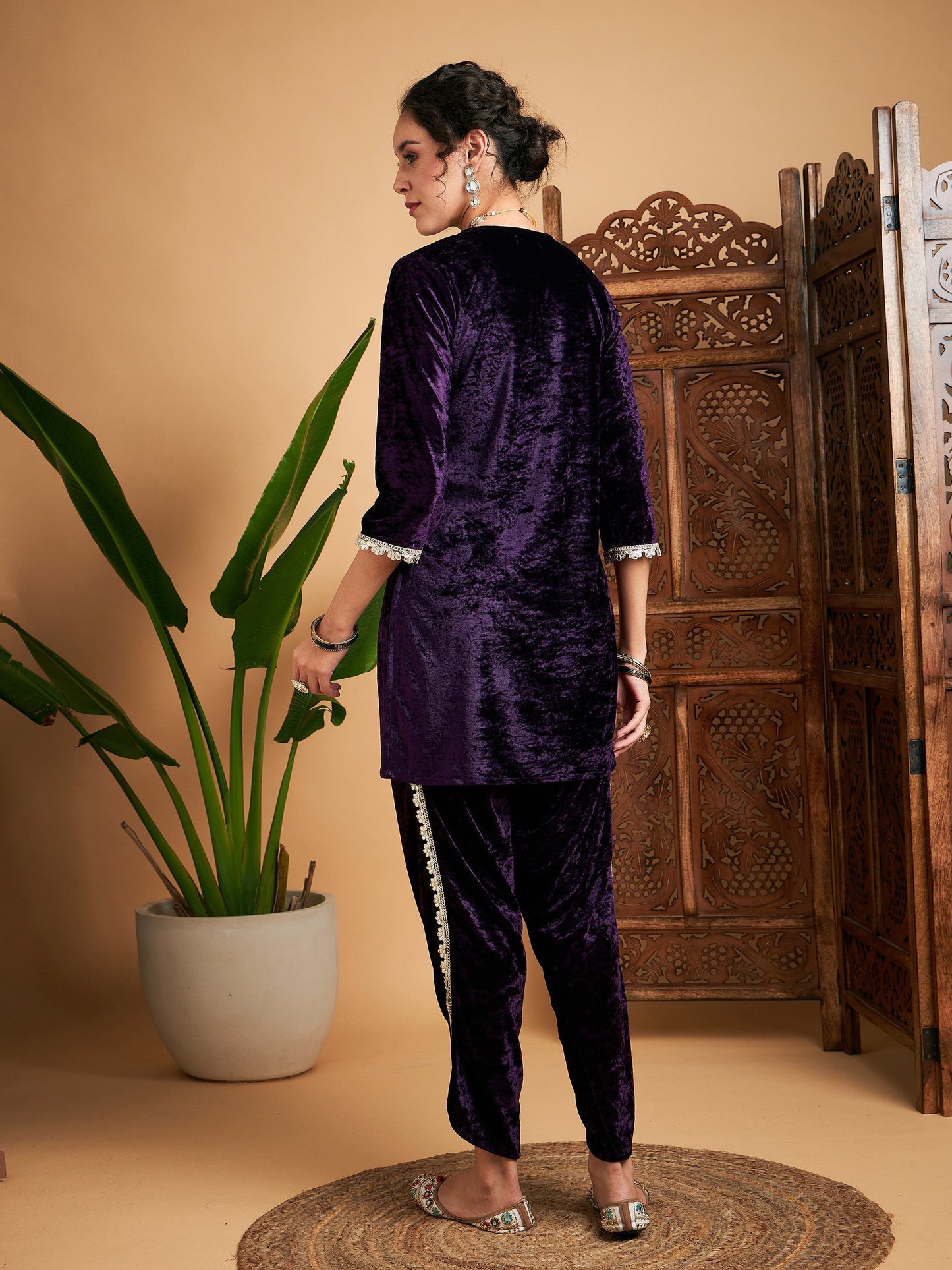 Purple Velvet Gota Patti Embroidered Short Kurta