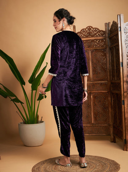 Purple Velvet Gota Patti Embroidered Short Kurta