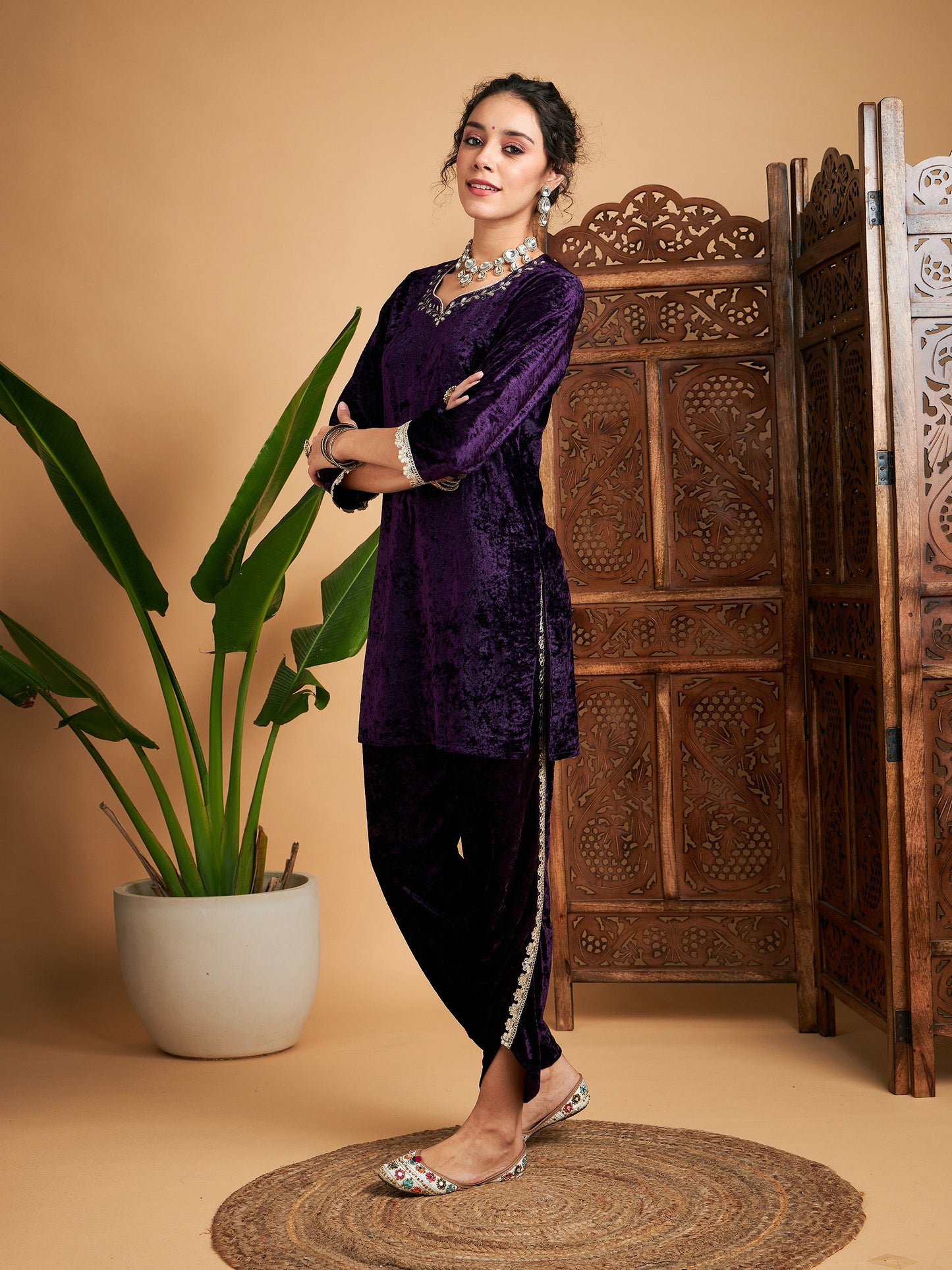 Purple Velvet Gota Patti Embroidered Short Kurta