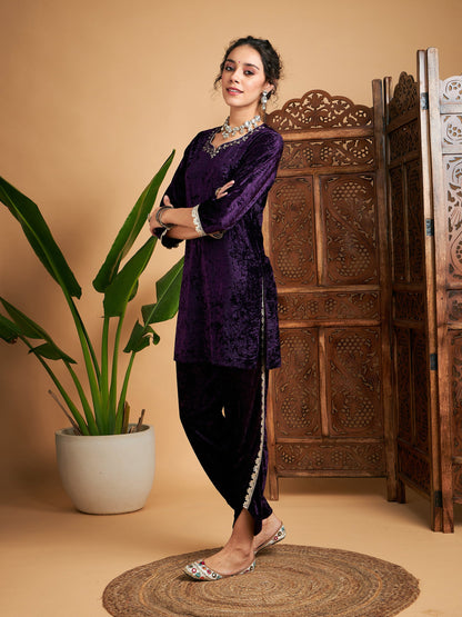 Purple Velvet Gota Patti Embroidered Short Kurta