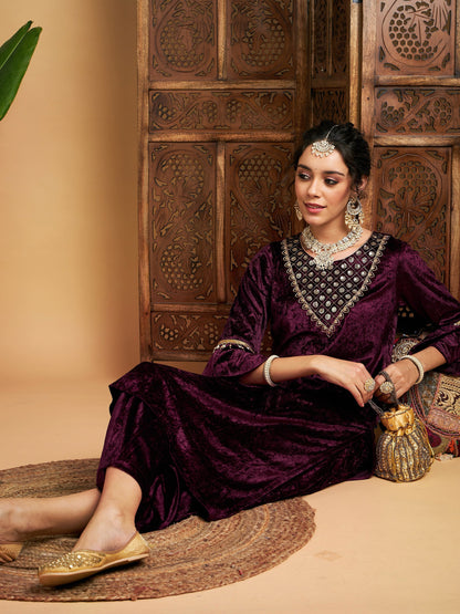 Purple Velvet Zari Embroidered Kurta